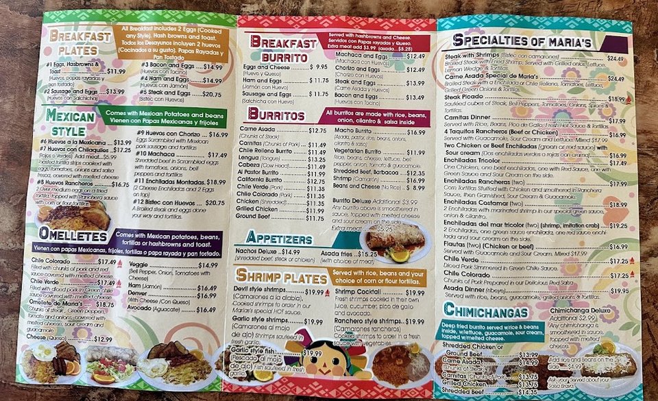 Menu page listing omelettes and specialties.