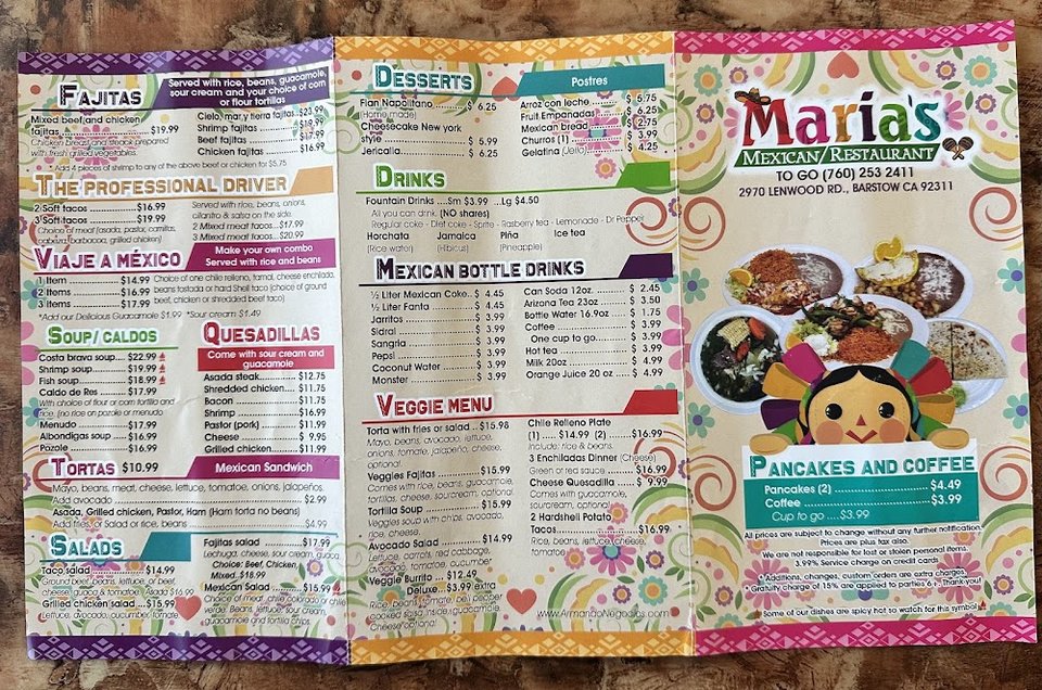 Restaurant menu with Mexican dish names.