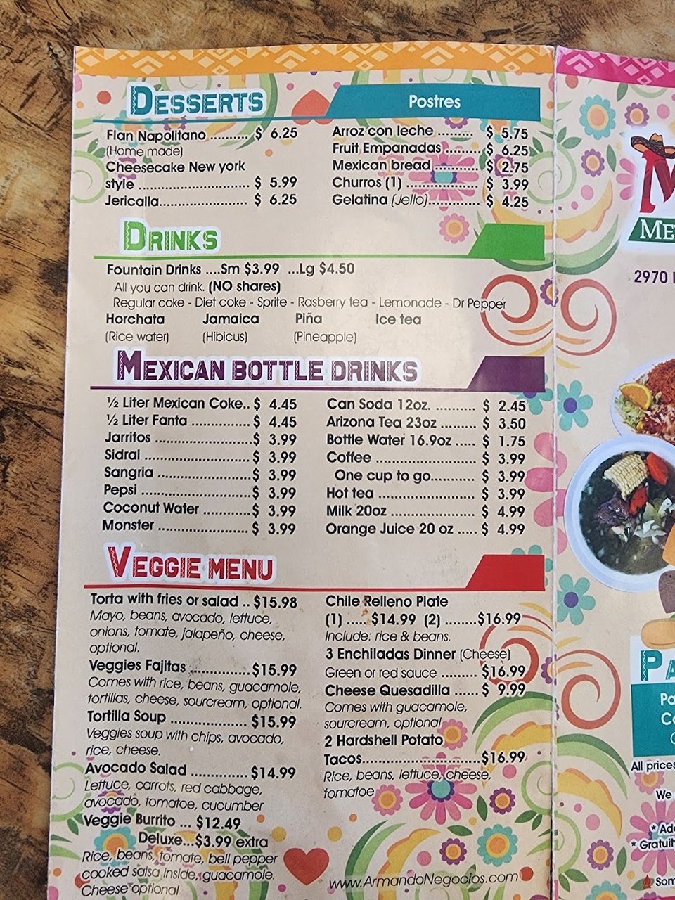 Printed menu with appetizers and shrimp plates.